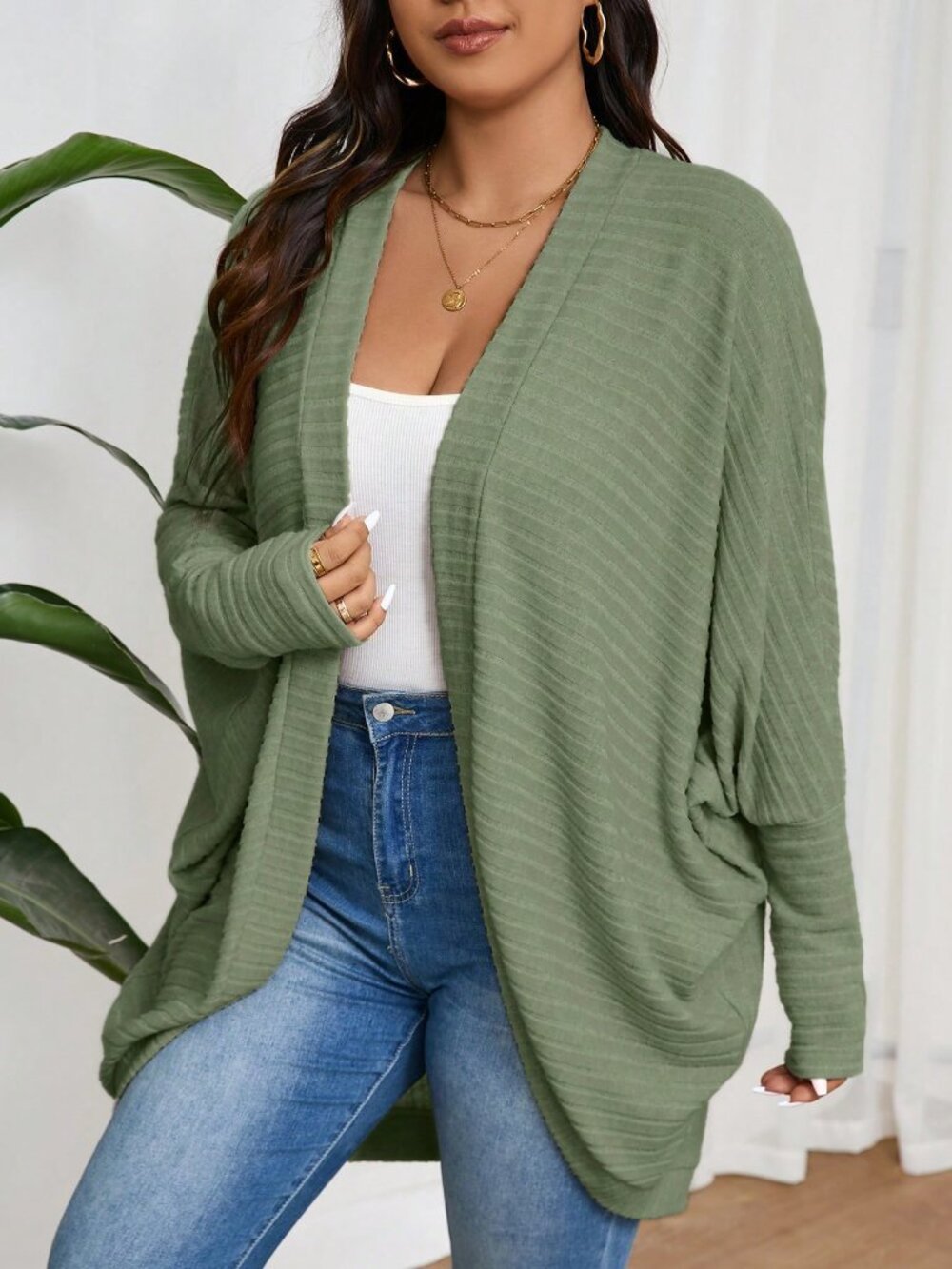 Green Casual Women's Plus Size Loose Ribbed Brushed Knit Coat